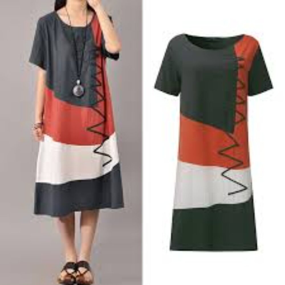 Anself Abstract 100% Cotton Vintage Midi Dress Contrast Short Sleeve sz 4x NWT